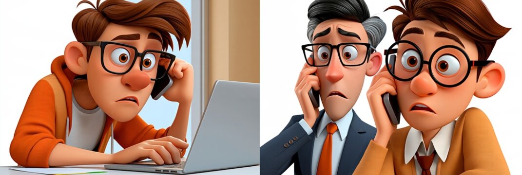 Animated men on phone working, experiencing business stress. Two cartoon office workers communicate on their phones with concerned expressions on a split screen