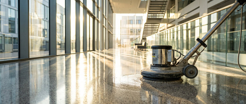 Professional floor cleaning machine polishing a shiny tile surface in a modern office hallway, representing industrial cleaning, hygiene, maintenance and commercial facility care.