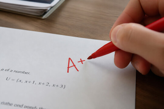 A hand is marking an A+ grade on a piece of paper resting on a wooden desk.