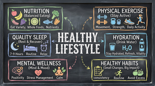 comprehensive healthy lifestyle tips emphasizing nutrition exercise sleep hydration and mental wellness for overall well-being