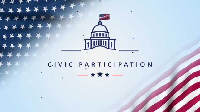 Civic participation and voting concept featuring the US Capitol, waving USA flag, patriotic stars and the message Your Vote Your Right.