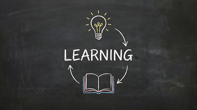 creative illustration symbolizing continuous learning process with a chalkboard background and lightbulb idea concept