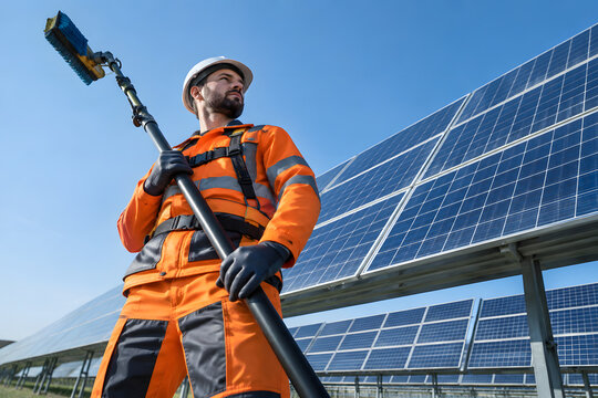 Solar cleaning technician photographed with strong vertical perspective.