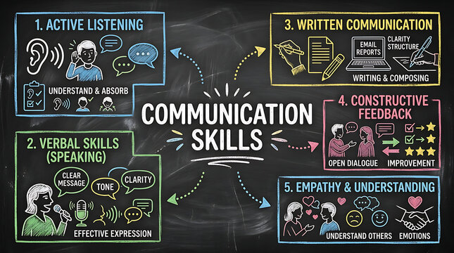 visual infographic illustrating five essential communication skills including active listening verbal skills written