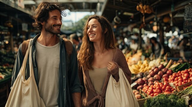 Happy Couple Shopping with Reusable Bags at Outdoor Farmers Market