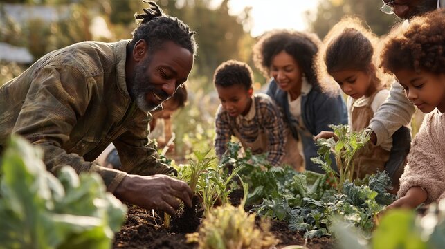 Multi Generation African American Family Gardening in Community Farm