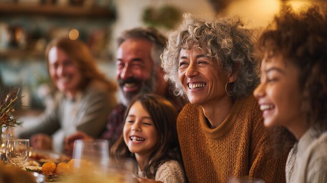 Multi Generation Family Laughing and Enjoying Dinner Together at Home