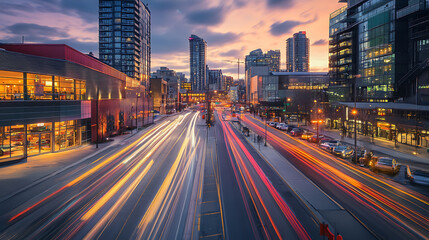 Obraz premium Modern Urban Cityscape & Architecture Images for Adobe Stock: High-Resolution Skyscrapers, Business District, Car Light Trails, Wet Road Reflections and Sunset Street Scenes