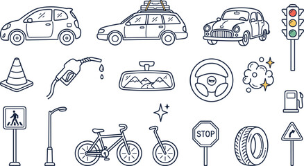 Car Travel Road Trip and City Traffic Infrastructure Icon Set with Colorful Flat Doodle Style Outline Vector Illustrations © MdSajjad