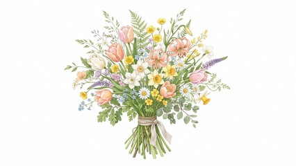 Obraz premium Delicate digital botanical illustration of a charming wildflower bouquet featuring pastel tulips wild daisies and grassy stems tied with a soft ribbon on a white background.