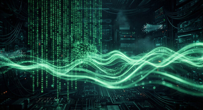 Green glowing data stream wave with matrix code and digital binary numbers over server hardware