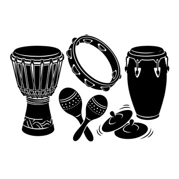 African Drums, Tambourine, Maracas, Cymbals Isolated on Transparent Background