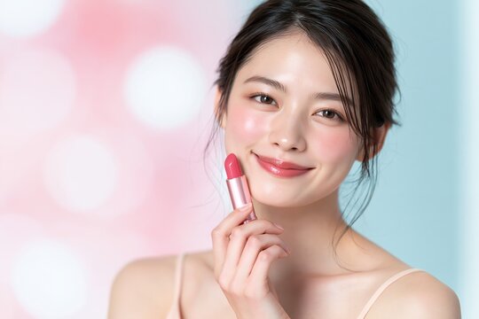 美容モデルが口紅を持って魅力的な笑顔を見せるポートレート