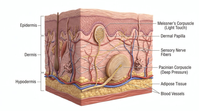 Anatomical cross section of human skin layers with sensory receptors