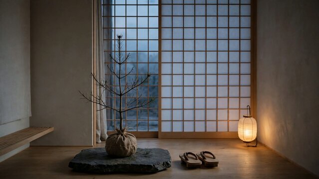 Minimal Japandi Christmas genkan corner with a bare pine sapling in a burlap root ball on a dark stone slab beside wooden geta sandals, shoji screen evening light and a glowing paper lantern