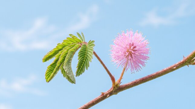 Close up of delicate pink Mimosa pudica flowers and green leaves with a clear blue sky background