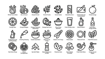 Fototapeta premium Set of black and white cooking icons depicting ingredients and tools for preparing a gourmet fennel and orange salad recipe