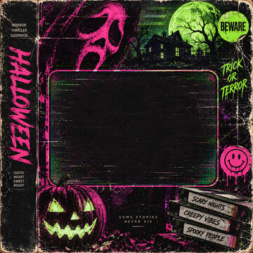 Halloween party flyer with a glowing pumpkin and spooky haunted mansion in a dark retro grunge theme