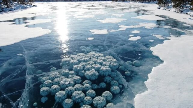 Frozen lake with methane bubbles trapped under ice.