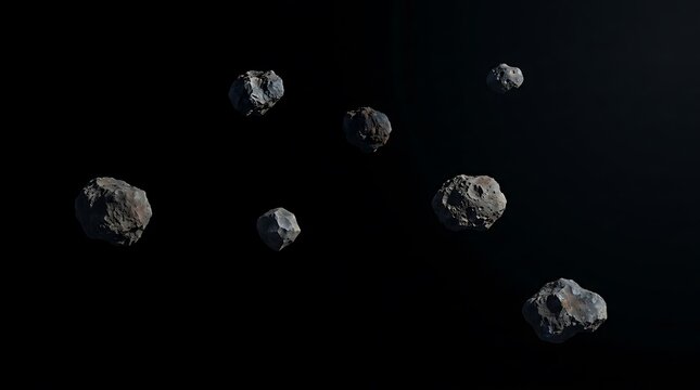 A view of the astroid belt showing multiple floating rocky fragments drifting through the vastness of deep outer space