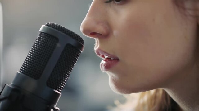 Woman Singing Into Microphone in Studio Close up Cinematic Recording Session Concept
