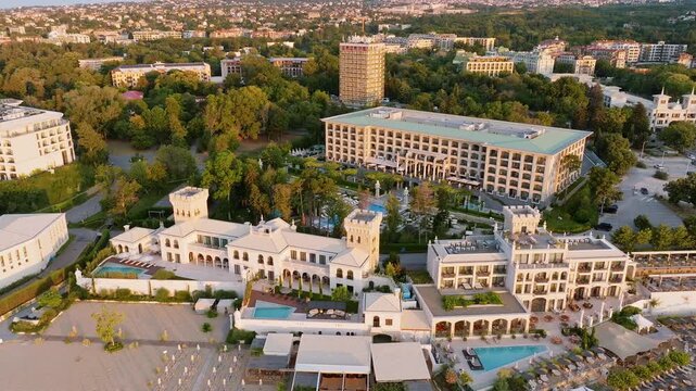 Saints Constantine And Helena Luxury Resort Castle Style Hotel Aerial Drone View Green Park Pools Summer Vacation Varna Bulgaria Stock