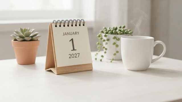 Desktop calendar showing January 1st with a coffee mug and succulent plants on a white table