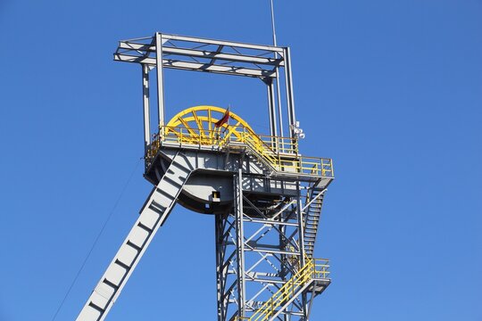 Industrial structure - coal mine shaft headframe. Currently a historic monument in Siemianowice Slaskie, Poland. Upper Silesia region (Gorny Slask) of Poland.