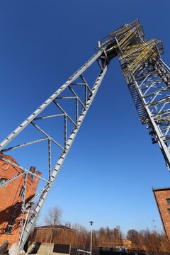 Industrial structure - coal mine shaft headframe. Currently a historic monument in Siemianowice Slaskie, Poland. Upper Silesia region (Gorny Slask) of Poland.