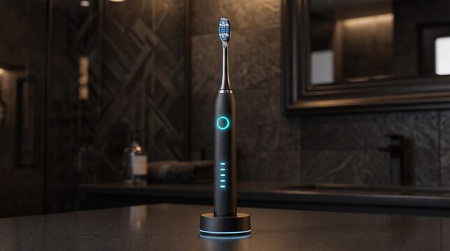 Futuristic electric toothbrush with glowing cyan controls and ice blue battery indicator, displayed on a sleek charging dock in a premium bathroom.