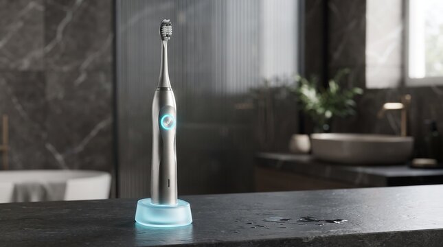 Premium electric toothbrush with cyan LED status ring and ice blue charging base, featuring a sculpted metallic design for modern oral hygiene technology.