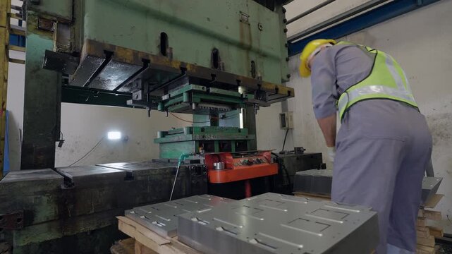 Worker prepares metal sheet for pressing operation. He wears safety gear and gloves. Large press looms in industrial workshop background