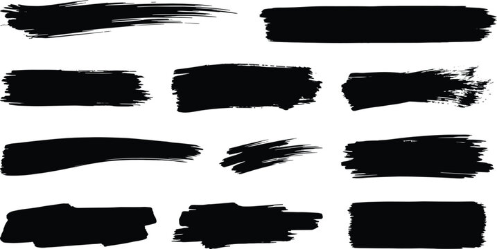 Set of twelve horizontal black ink brush strokes isolated on a white background, featuring various textures, dry brush effects, and messy paint smears for applications