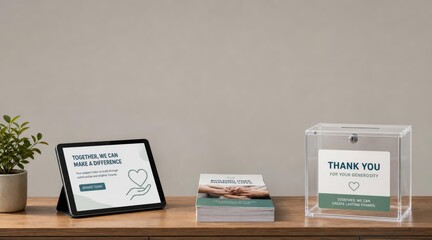 Obraz premium Charity donation counter with tablet and collection box