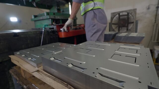 Worker handles metal parts in industrial workshop. Hands move components carefully across wooden pallet. Factory background shows machinery