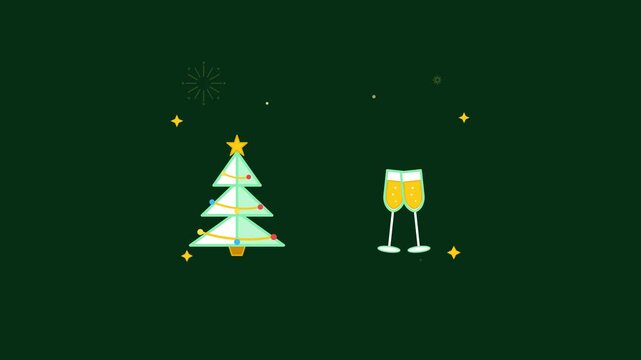 Modern Christmas and New Year night icon animation showing a faceted geometric tree, clinking champagne glasses, and radiant fireworks on a clean deep green background.