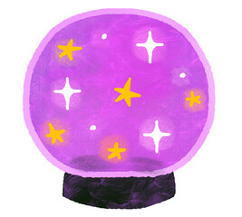 Hand drawn Halloween purple magic crystal ball with yellow stars and sparkles, illustration isolated on white background © Muktiya