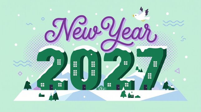 Happy New Year 2027 greeting card with snow-covered green numbers and typography on a light winter background