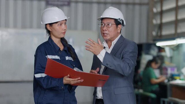 Two professionals in hard hats discuss plans. Woman in uniform holds a red folder. Man in a suit gestures while explaining