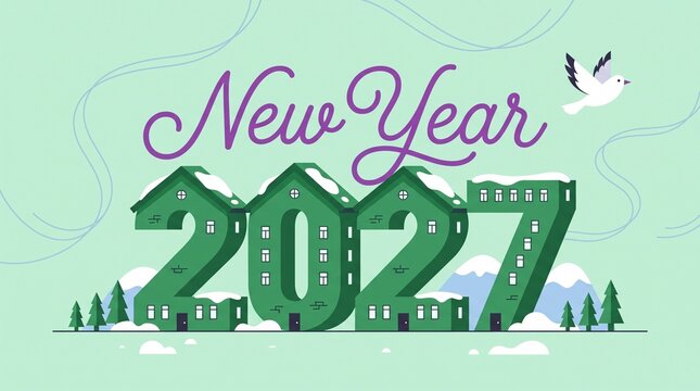 Happy New Year 2027 illustration with green numbers shaped like houses, winter landscape, snow, pine trees, and a white dove on a light turquoise background