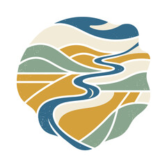 Fototapeta premium Abstract Landscape Illustration: Winding River Through Rolling Hills, Fields