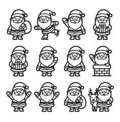 Obraz premium Charming Santa Claus characters with festive activities in a clean graphic style for holiday promotions