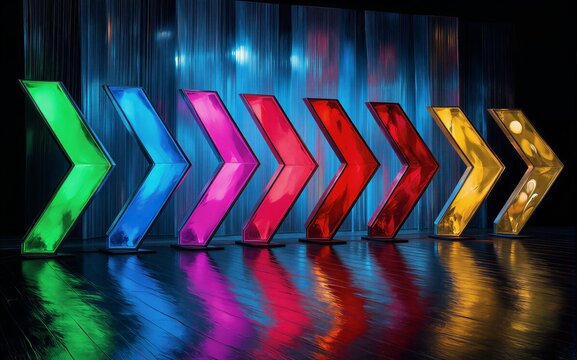 Vibrant, glowing arrows in rainbow hues stand on reflective floor against a textured backdrop.