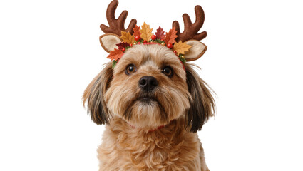 Small brown dog wearing a festive reindeer antler headband with autumn leaves, isolated on transparent background © pnghub