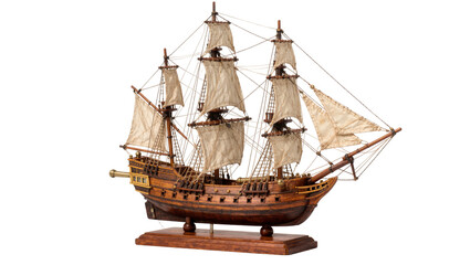 Detailed wooden tall ship model with full sails, isolated on transparent background © pnghub