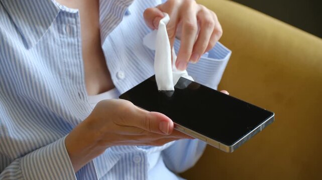 Close up woman carefully cleaning smartphone screen with antibacterial wipe, sanitizing device to prevent spread of germs, viruses for better personal hygiene. Woman cleaning smartphone with wet wipe