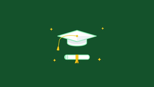 Modern graduation icon animation showing an academic mortarboard cap with hanging tassel, diploma degree certificate scroll, and celebration stars on a clean green background.