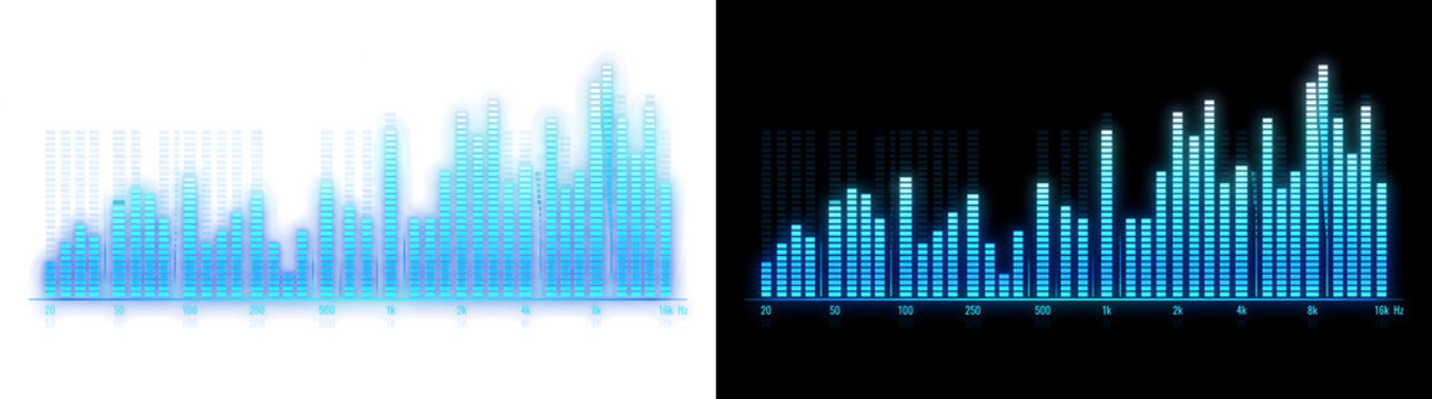 Blue frequency spectrum equalizer displaying sound levels across the hertz scale with PNG Transparent and Black Background Versions