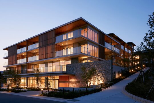 夕暮れに美しくライトアップされたモダンな高級集合住宅の全景