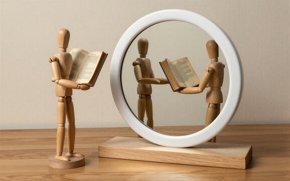 Wooden figures read books, mirrored reflection symbolizing self-discovery.